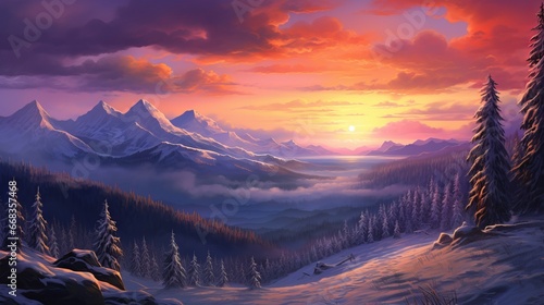 sweeping view of the mountain sunrise in the winter