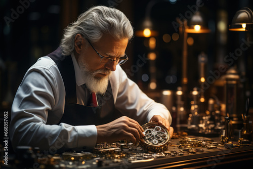 A diligent watchmaker assembling intricate timepieces with meticulous care. Concept of precision and fine craftsmanship. Generative Ai. photo