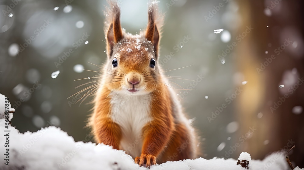 English wintertime scene with a cute red squirrel and snow falling. English wintertime scene with a cute red squirrel and snow falling.