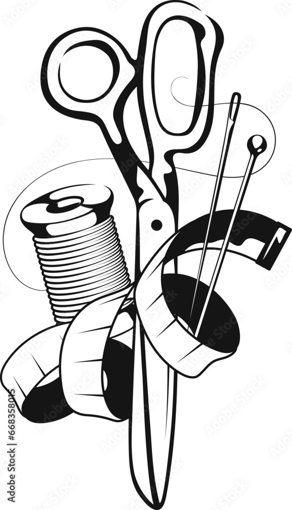 Scissors, needle, spool of thread and meter, symbol for seamstress and ...