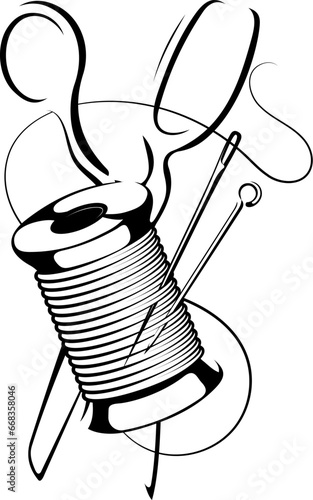 Sewing and cutting design. Scissors needle and spool of thread