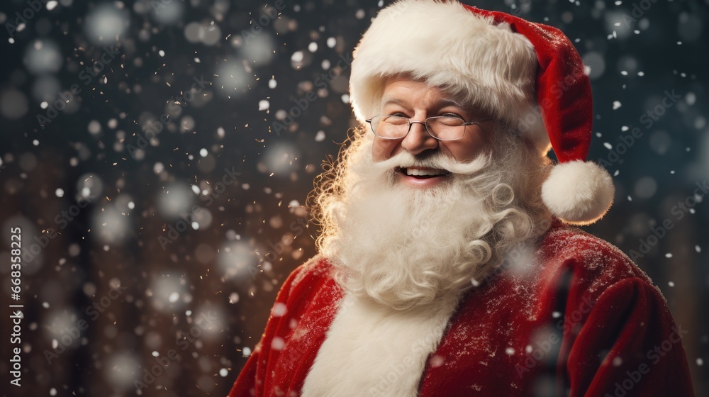 santa claus smiling selfie surrounded by snowflakes  generative AI - obrazy, fototapety, plakaty 