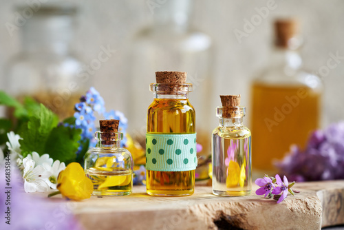 Fototapeta Naklejka Na Ścianę i Meble -  Bottles of essential oil with spring flowers