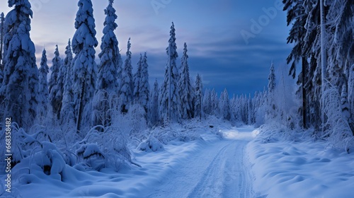 Finland, Lapland, Kittila, Levi, and a rural road at night during the winter photo