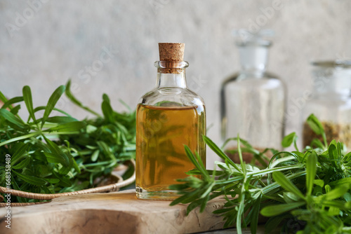 A bottle of herbal tincture with fresh cleavers or catchweed plant