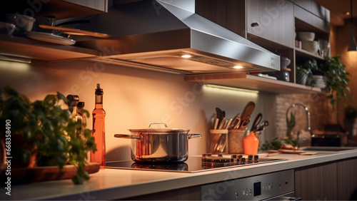 Photograph of a sleek modular chimney right in the kitchen with gas stove. It's a portrait-style, front view shot, zoomed in, with the chimney taking the spotlight. 