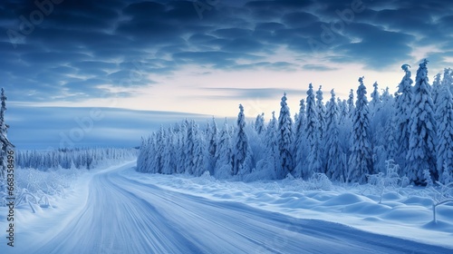 Finland, Lapland, Kittila, Levi, and a rural road at night during the winter © PhotoVibe