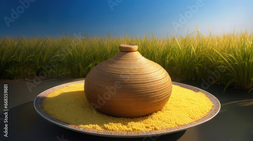 January 14-17, Pongal - harvest festival in India, Clay pot (kalash) with rice, reed field photo