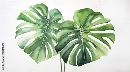 Abstract foliage and botanical background. Green tropical forest wallpaper of monstera leaves. Exotic plants background for banner, prints, decor, wall art. Monstera plants in realistic style.