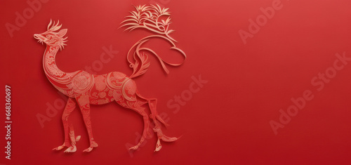 January 22, Chinese New Year, Spring Festival, red paper cut art, place for text, banner