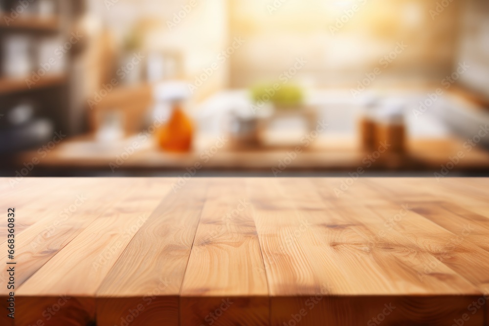 Empty wooden table in front of abstract blurred kitchen background. Mock up for display of product. Generative Ai Empty wooden table in front of abstract blurred kitchen background. Mock up for display of product. Generative Ai