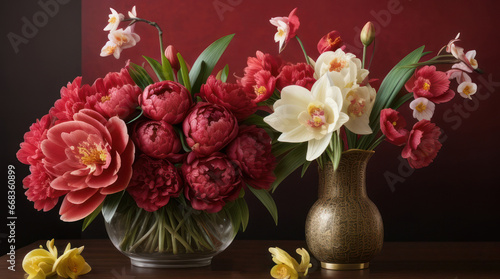 January 22, Chinese New Year, Spring Festival, daffodils, orchids, red peonies in vases