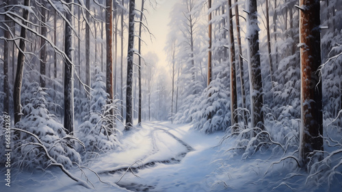Oil painting of a forest in winter