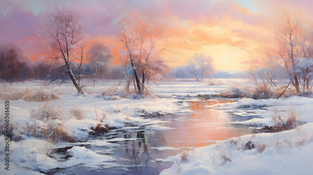 Beautiful landscape, art painting, frozen winter Beautiful landscape, art painting, frozen winter