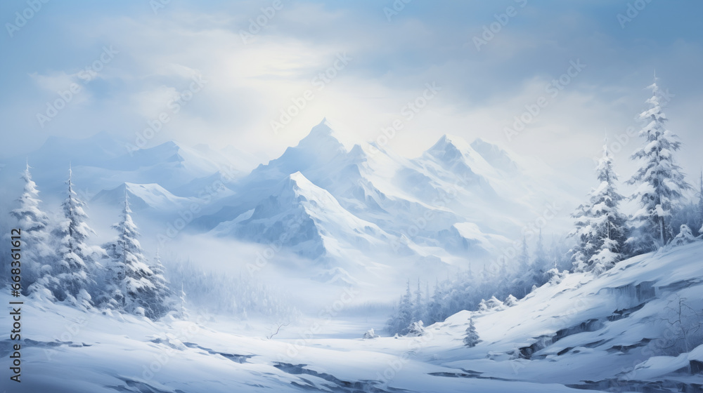 Beautiful landscape, art painting, frozen winter in the mountain