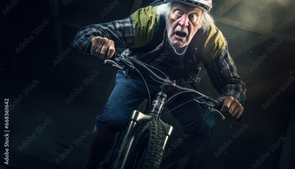 Obraz premium Caucasian Male Elderly Cycling Freestyle Setting Generative AI