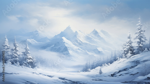 Beautiful landscape, art painting, frozen winter in the mountain © toomi123