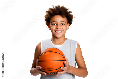 Multiracial kid wearing sporty shirt holding basket ball in hands (PNG Cutout) isolated on a transparent background, AI