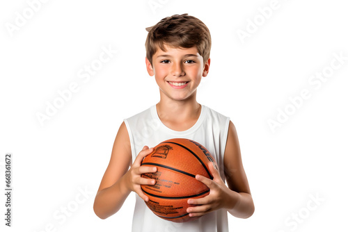 Kid wearing sports attire holding basketball (PNG) isolated on transparent background, AI