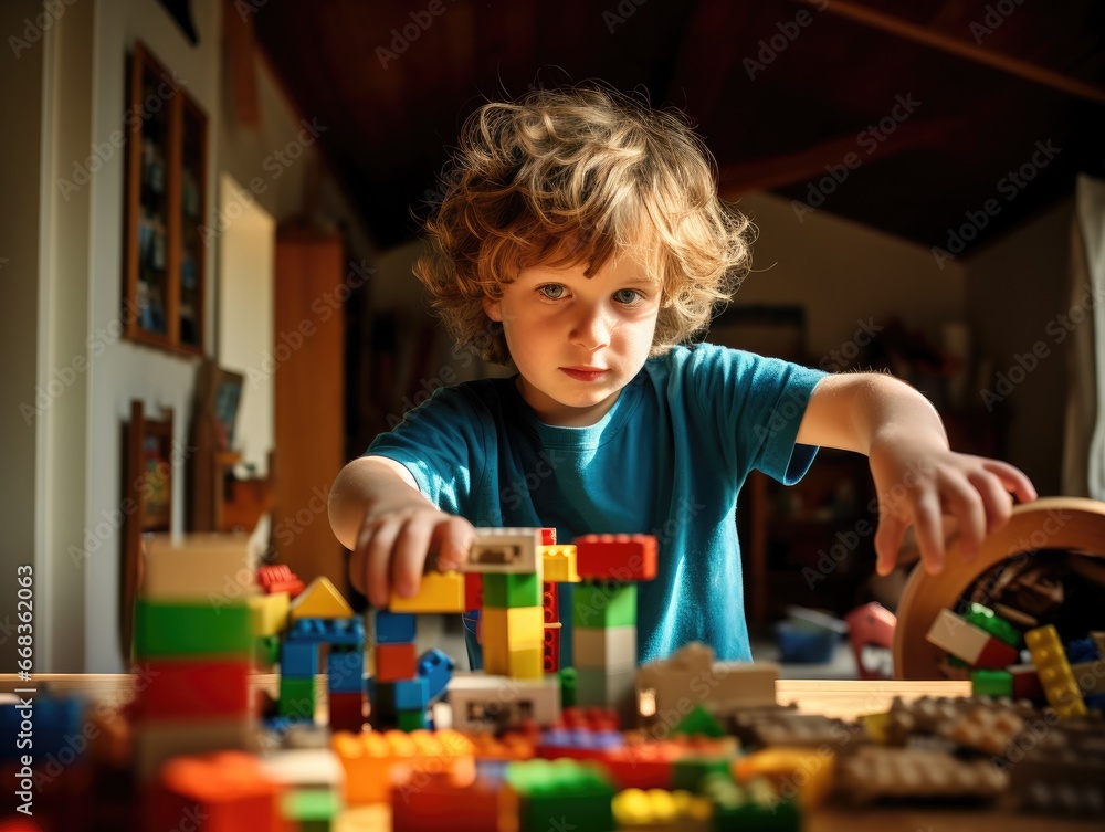 A young boy playing with blocks of construction set at a table. Generative AI. A young boy playing with blocks of construction set at a table. Generative AI.