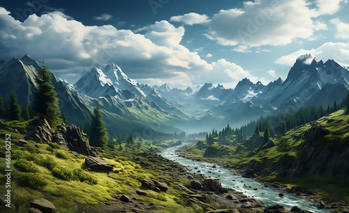 mountain view landscape with green forests and beautiful mountains in the distance. Generative ai