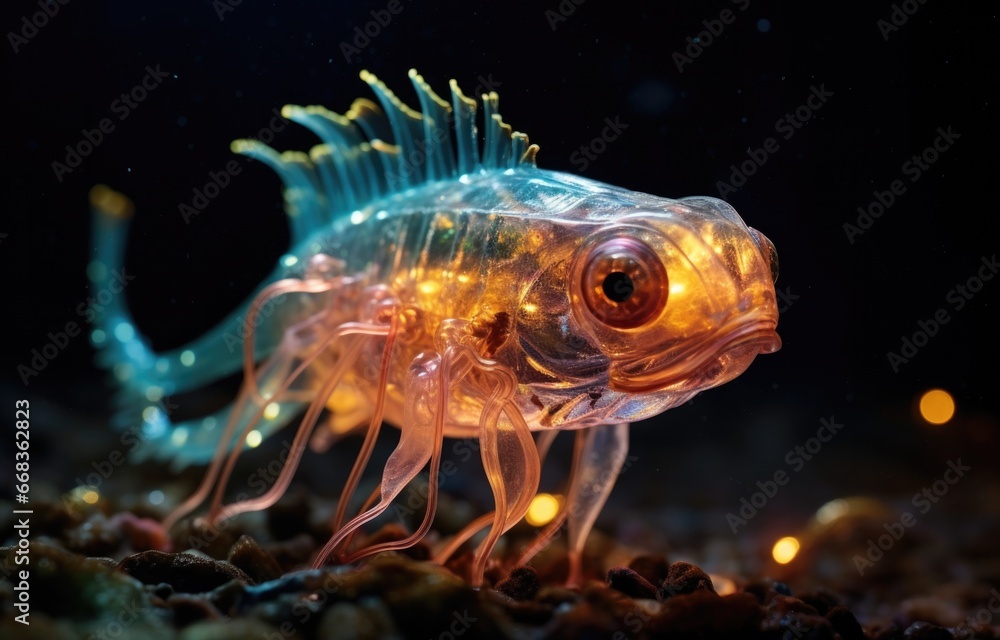 A close-up of a fish in neon lights. Generative AI. A close-up of a fish in neon lights. Generative AI.