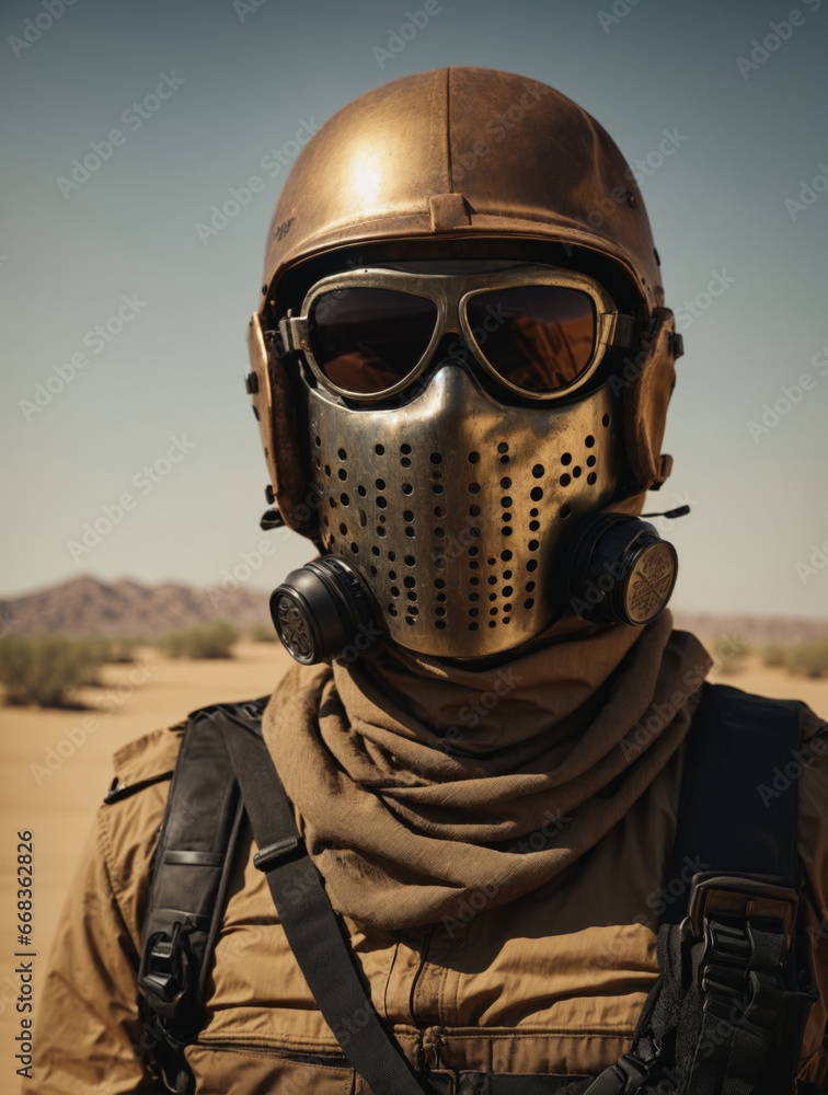Soldier with metal mask and glasses in the desert. Soldier with metal mask and glasses in the desert.
