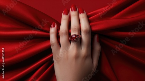 A woman s hand with a red ring and red manicure is on a red dress fabric. Generative AI.