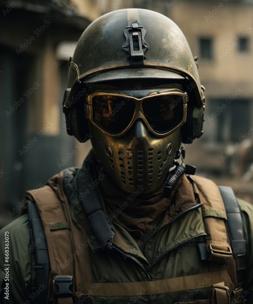 Soldier with metal mask and glasses.