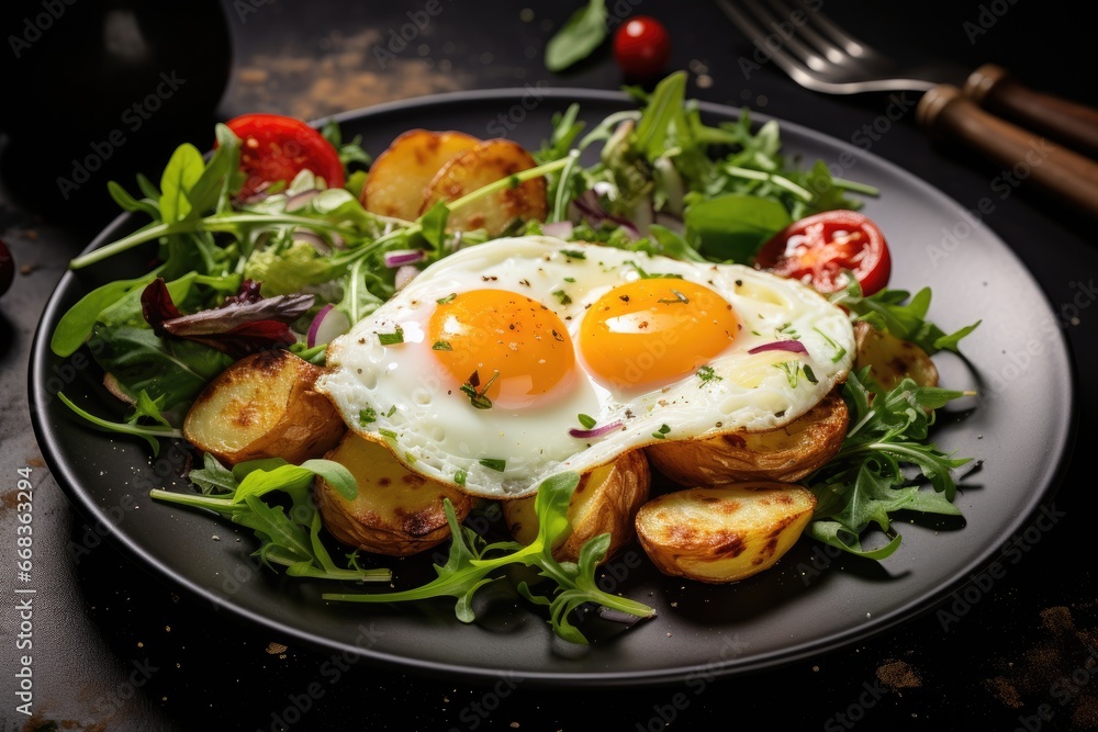 A vibrant salad with sunny-side-up eggs and crispy potatoes on a black plate. A vibrant salad with sunny-side-up eggs and crispy potatoes on a black plate.