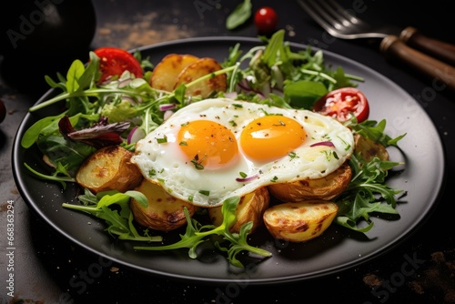 A vibrant salad with sunny-side-up eggs and crispy potatoes on a black plate.