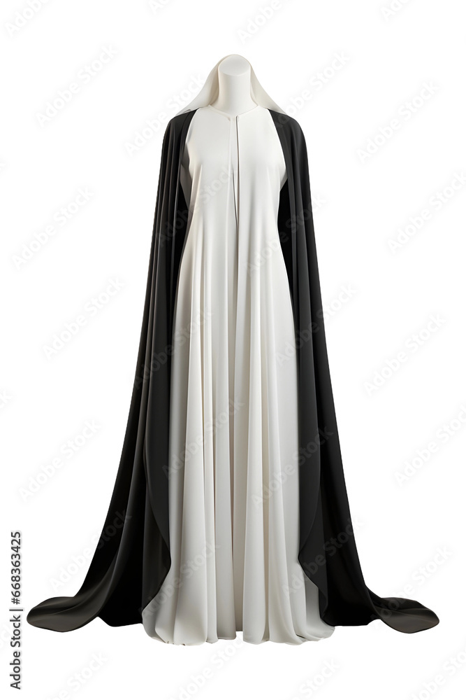Traditional Islamic dress for females, Black and white Muslim Woman Abaya (PNG Cutout) isolated on a transparent background, AI Traditional Islamic dress for females, Black and white Muslim Woman Abaya (PNG Cutout) isolated on a transparent background, AI