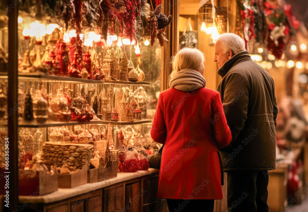 Elderly couple looking at christmas decoration.