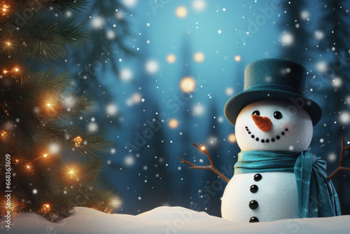 Christmas snowman with christmas tree and decorations. 3 d rendering. © Synthetica
