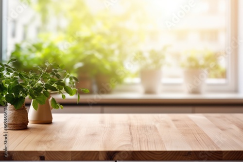 A serene scene of plants on a wooden table by a window with copy space for text or products.