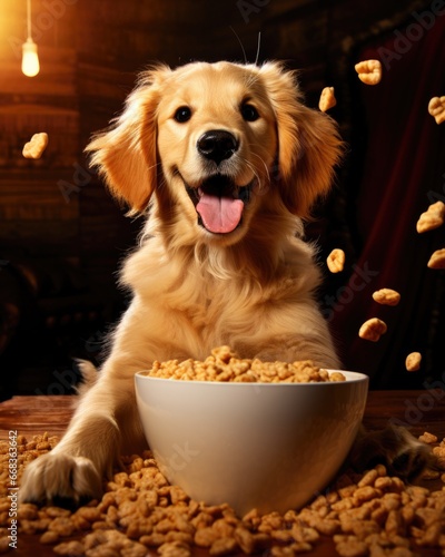 A dog sitting in front of a bowl of cereal. Generative AI.