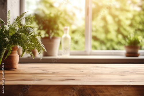 A serene scene of plants on a wooden table by a window with copy space for text or products.