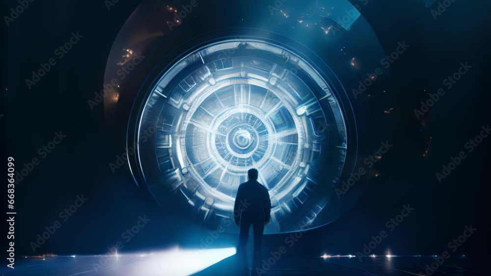 Scifi scene of a Time Travel Technician stepping into a shimmering portal, as they prepare to travel back in time to retrieve a valuable artifact that holds the key to solving a critical