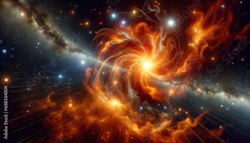 Universe-themed digital imagery with star clusters and galaxies, punctuated by a vivid orange energy flash, denoting intense vitality.