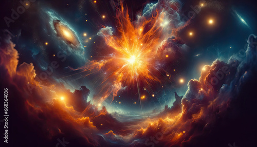 Deep space illustration filled with galaxies and nebulae, centered by a radiant orange energy blast symbolizing dynamic passion.