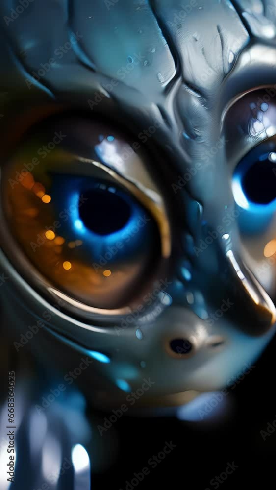 Closeup of an alien creature with large, multifaceted eyes and iridescent skin. It is one of the many inhabitants of a parallel Earth where extraterrestrial life is the dominant species Closeup of an alien creature with large, multifaceted eyes and iridescent skin. It is one of the many inhabitants of a parallel Earth where extraterrestrial life is the dominant species