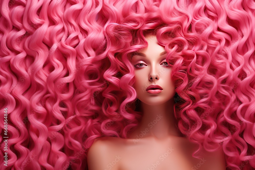 The wavy texture of healthy coloured pink hair with a face of girl under them . background for hair salon card or poster