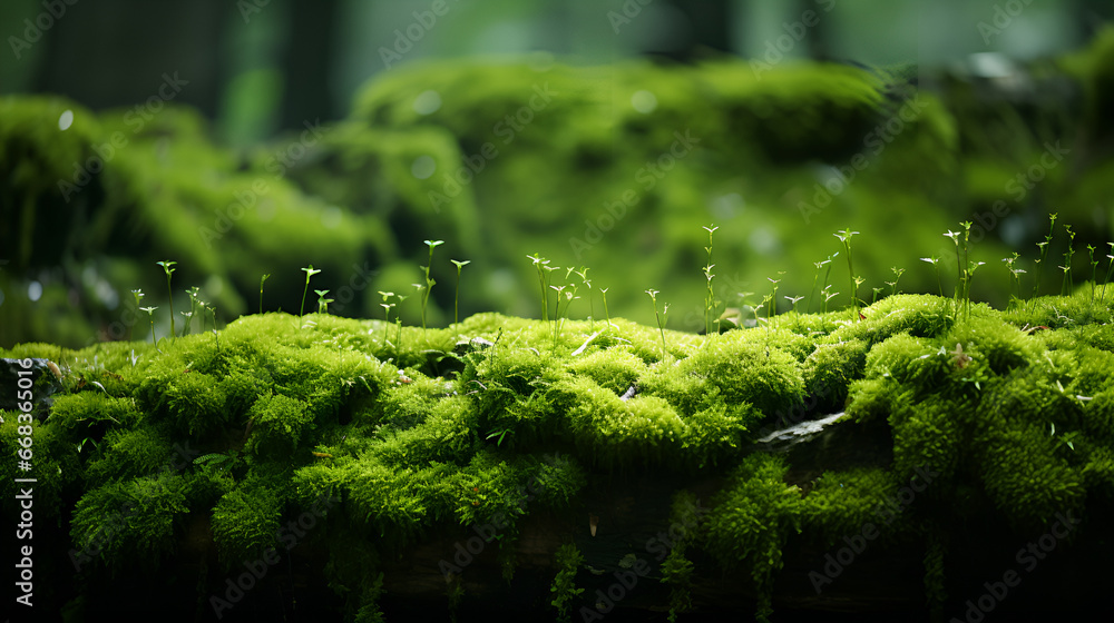 Close-up view of lush green moss thriving on what appears to be a wet, possibly wooden, surface - obrazy, fototapety, plakaty 