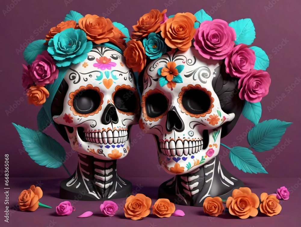 Two Sugar Skulls With Colorful Flowers