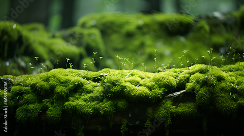 Close-up view of lush green moss thriving on what appears to be a wet  possibly wooden  surface. Growth concept  green  nature.
