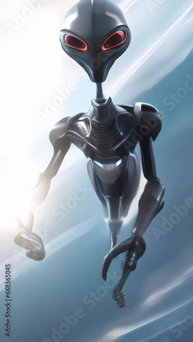 Portrait of a humanoid alien piloting a highly maneuverable, jetlike UFO, its sleek design and advanced propulsion system enabling it to soar through space and time. photo