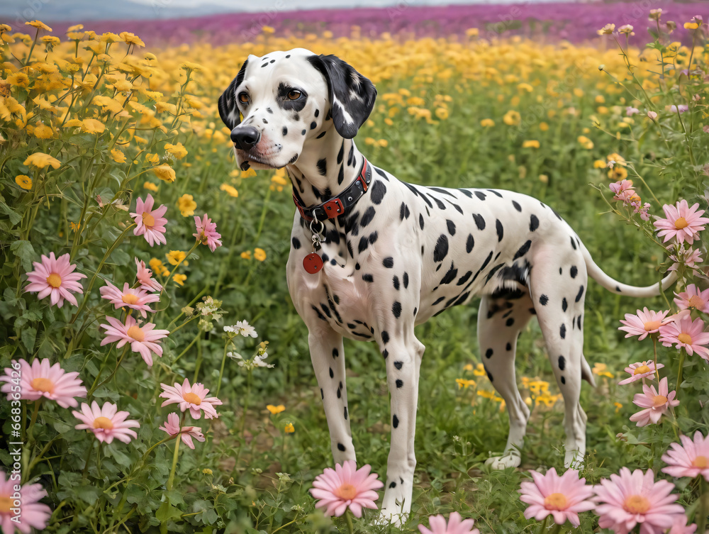 A Dal Dog Standing In A Field Of Flowers