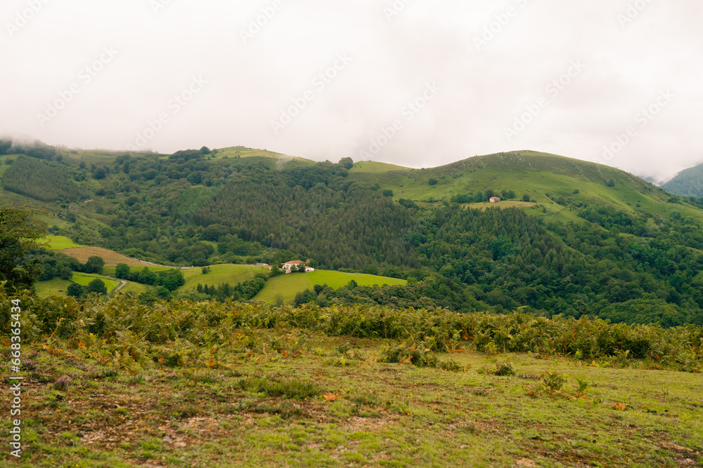 French countryside landscape in the Pyrenees mountains in Basque Country, France