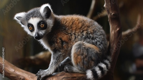 Ring-tailed lemur, Lemur catta, sitting on a branch. Wildlife concept with a copy space.