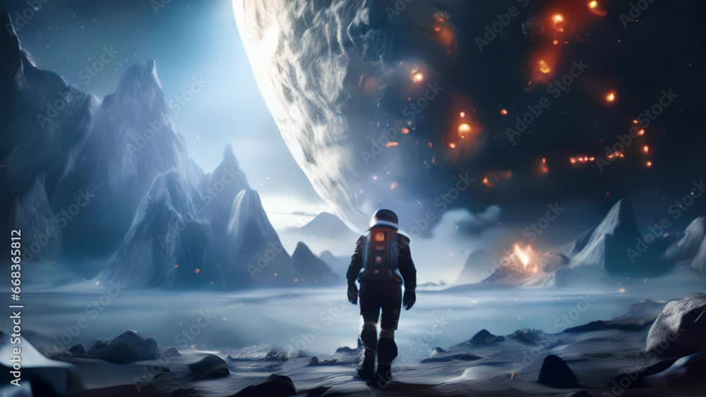 Scifi scene of a team of astronauts exploring a remote asteroid ...